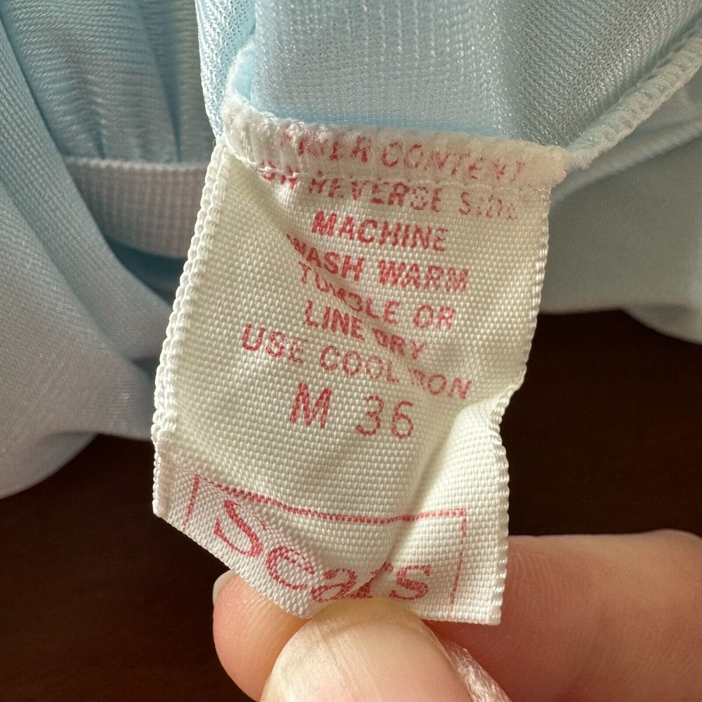 Vintage SEARS Powder Blue Peignoir Long Robe 36 Medium Eyelet Lace Trim Cottage - Picture 9 of 10